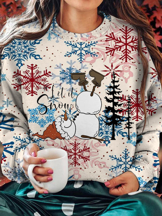 Naughty Christmas Snowman Falling Down Printed Long Sleeve Casual Top