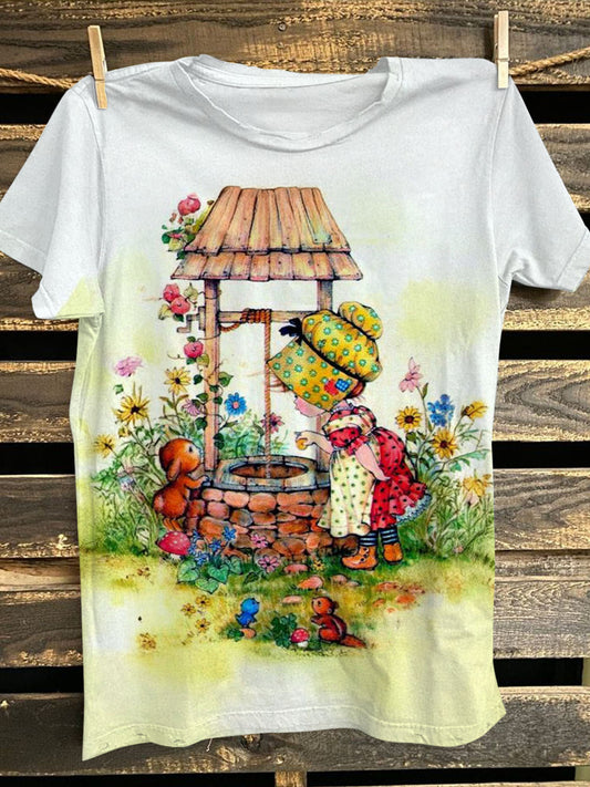 Vintage Girl Pastoral Childhood Memory Floral Fun Print T-shirt