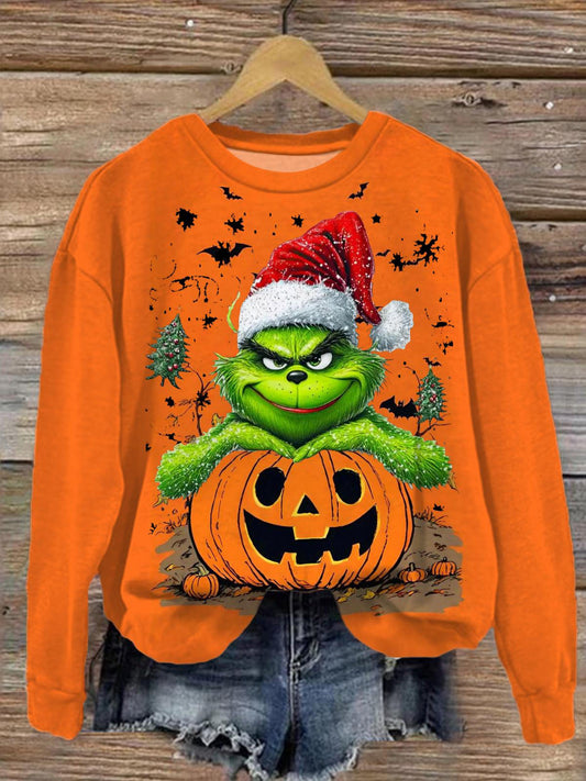 A Pumpkin And Green Monster Christmas Printed Long Sleeve Casual Top