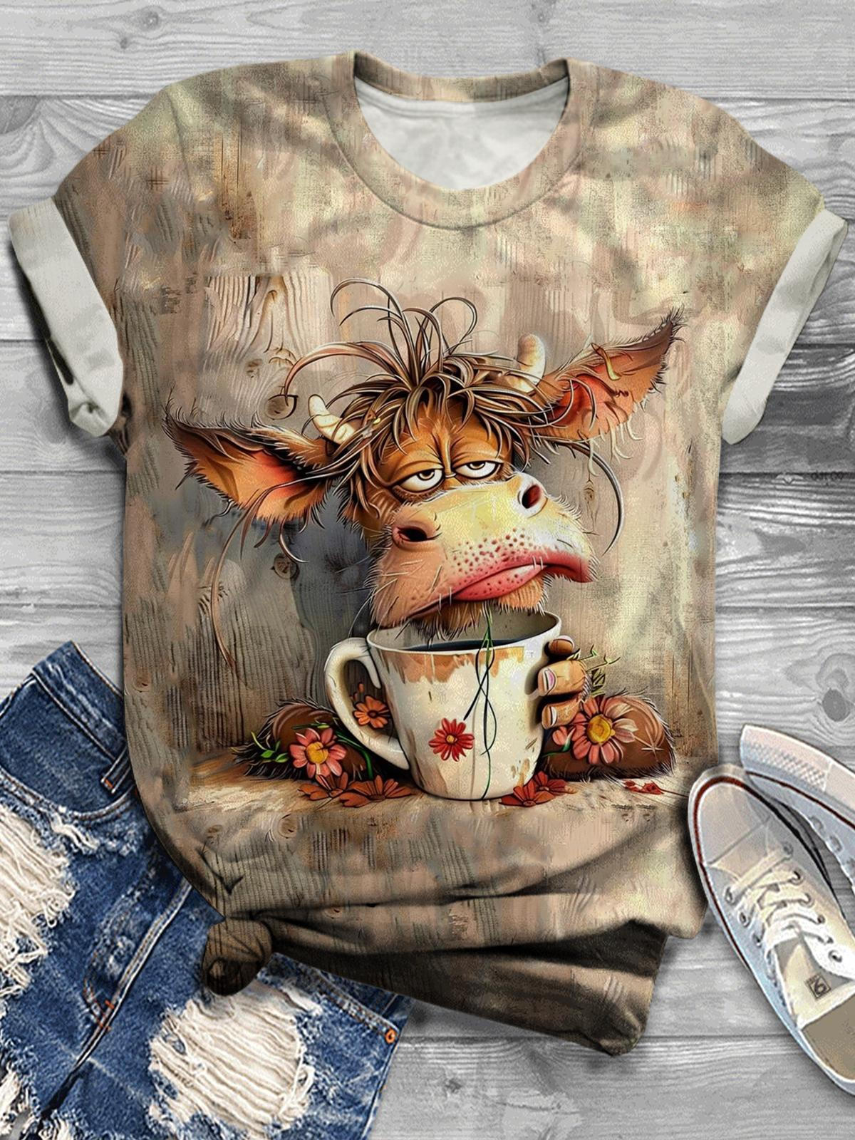 Women's Cow Illustration Fun Retro Print Casual T-shirt