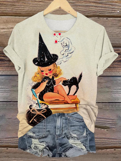 Halloween Witch Print Casual Short Sleeve Top