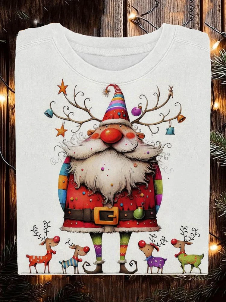 Funny Santa Claus And Four Color Deer Printed Long Sleeve Casual Top