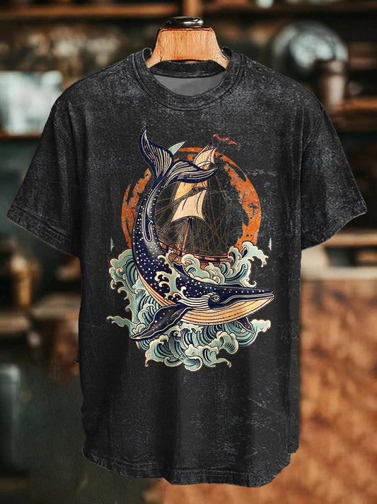 Retro Whale Printed Crew Neck T-shirt