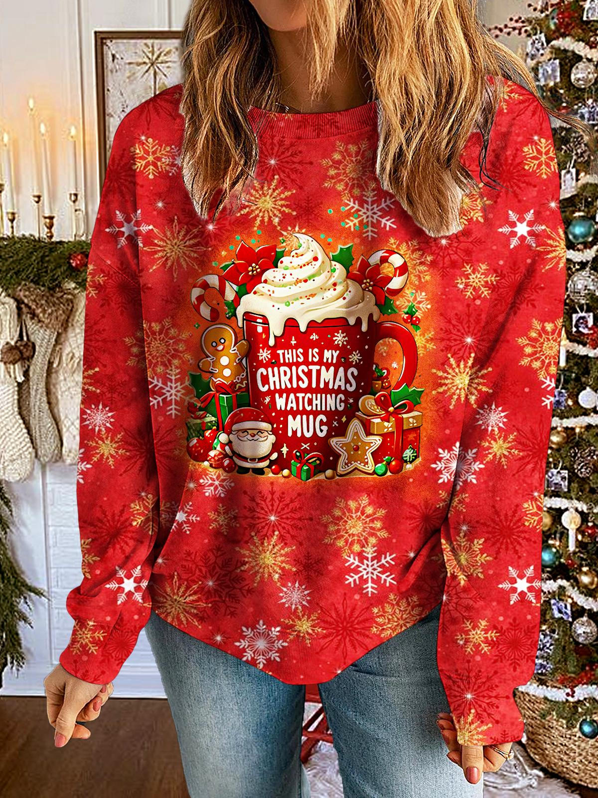 Women's This Is My Christmas Movie Printed Long Sleeve Casual Top