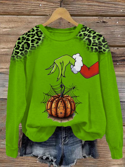 Women's Leopard Pumpkin Round Neck Long Sleeve Top