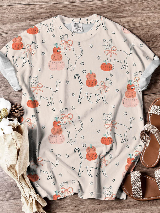 Cute Cat Pumpkin Star Illustration Print Casual T-shirt