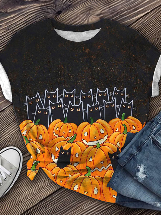 Cat Elf Pumpkin Halloween Print Round Neck Short Sleeve T-Shirt