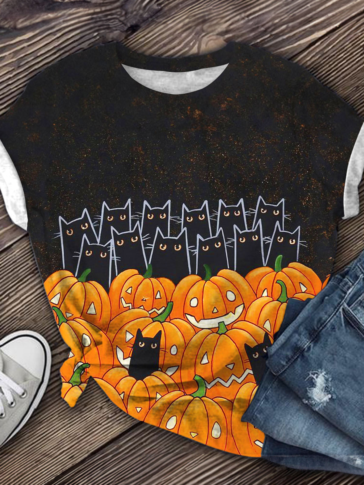 Cat Elf Pumpkin Halloween Print Round Neck Short Sleeve T-Shirt