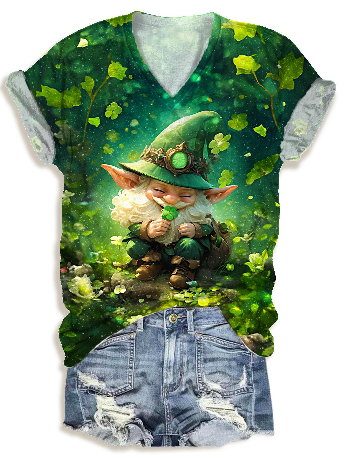 Women's St. Patrick's Gnome Print V-Neck T-Shirt