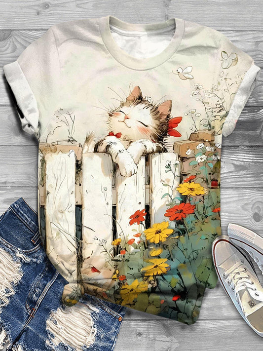 Cat In The Flowers Crew Neck T-shirt