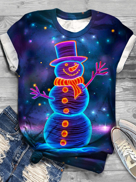 Women's Christmas Fluorescent Snowman Print Crew Neck T-shirt