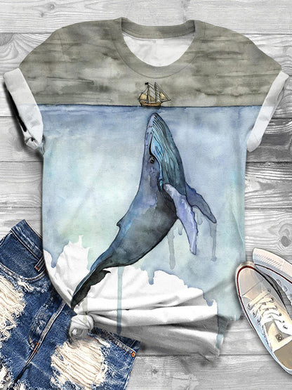 Women's Whale And Boat Print Crew Neck T-shirt