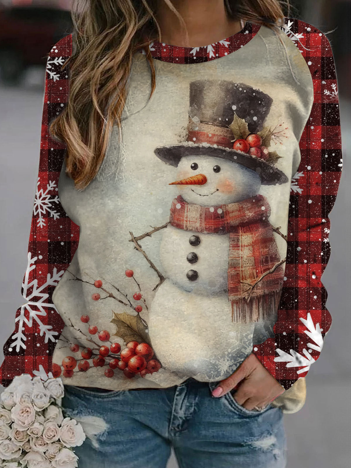 Retro Snowman and Winter Long Sleeve Casual Top