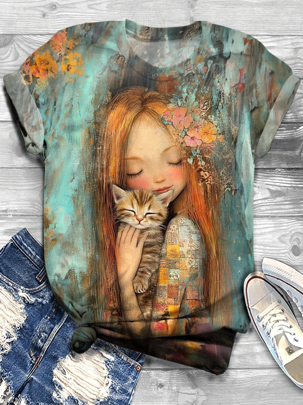 Funny Girl Cat Sunflower Printed Crew Neck T-shirt