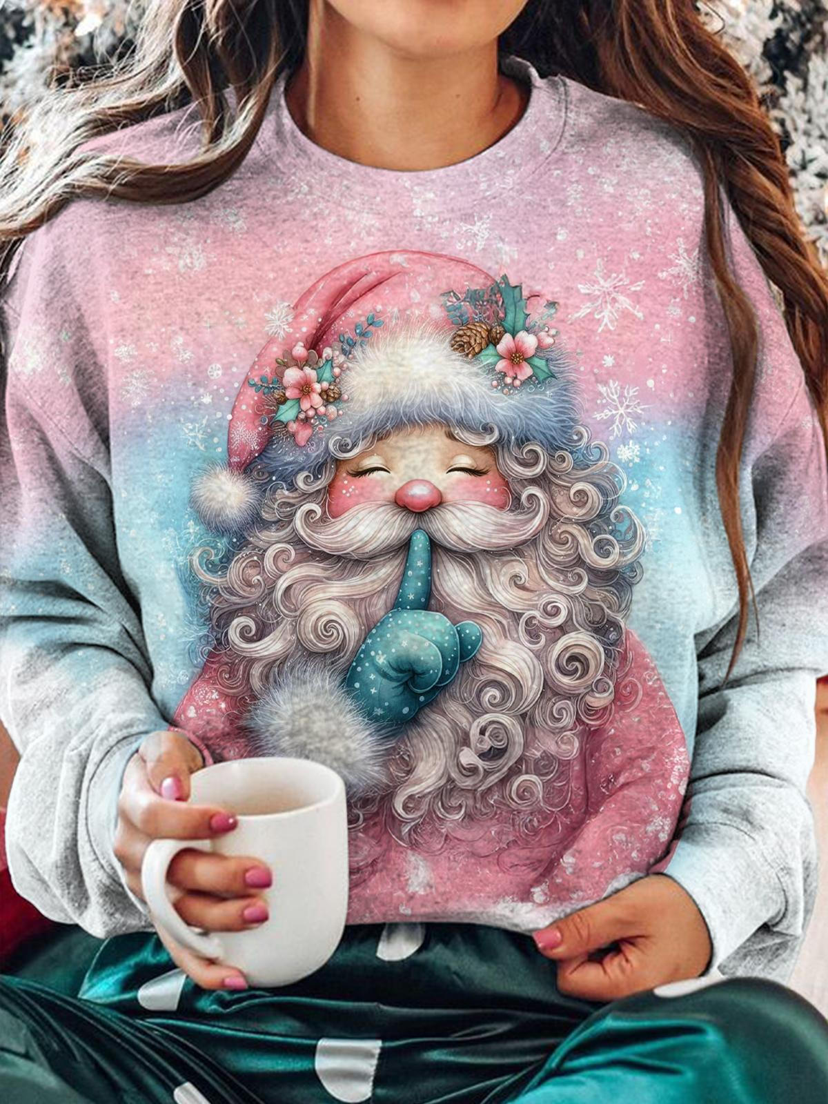 Cute And Funny Santa Claus Printed Long Sleeve Casual Top