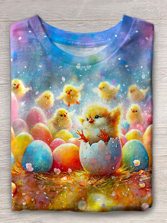 Cute Chick Easter Egg Print Crew Neck T-shirt