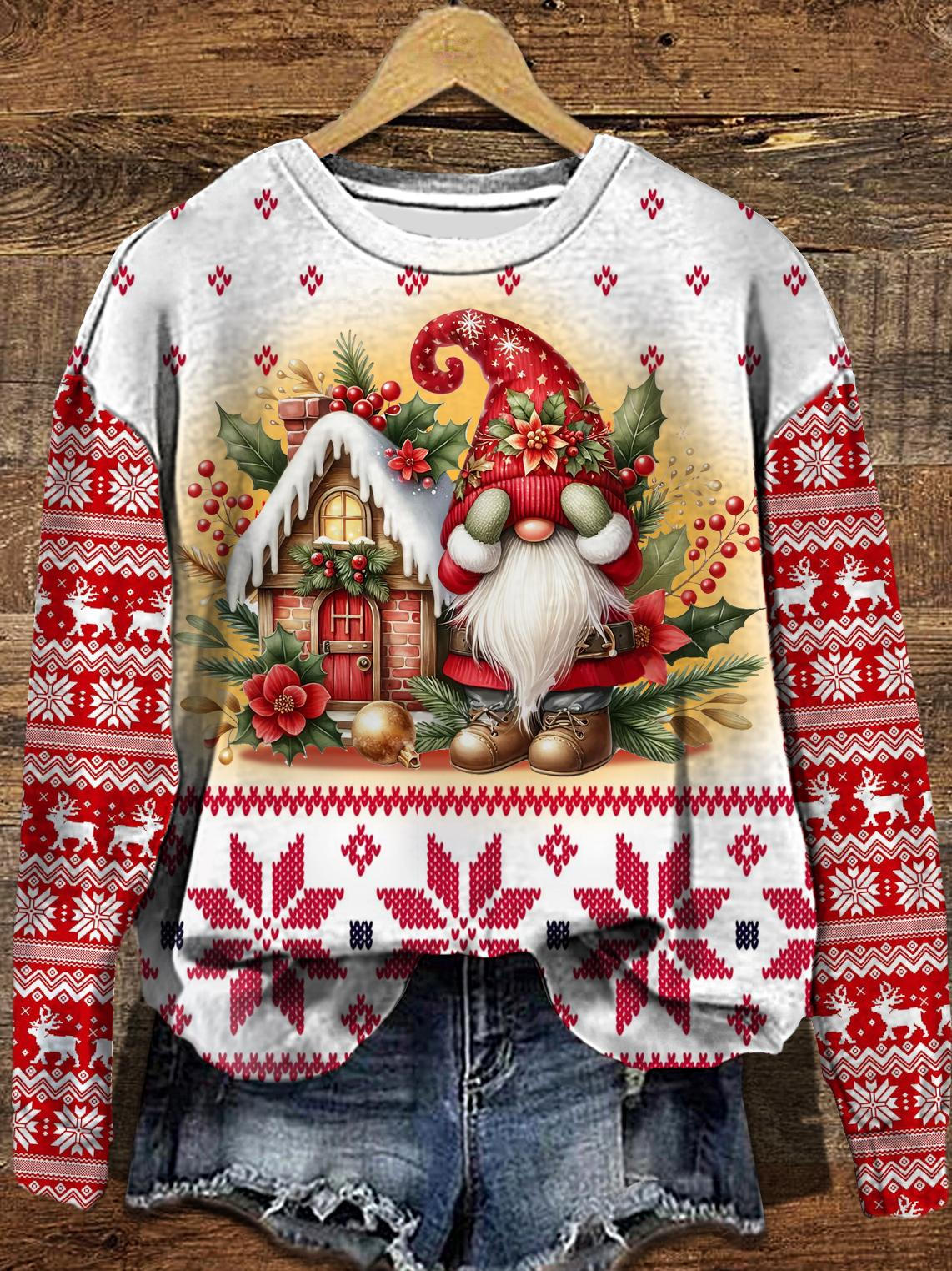 Women's Christmas Gnome Long Sleeve Casual Top