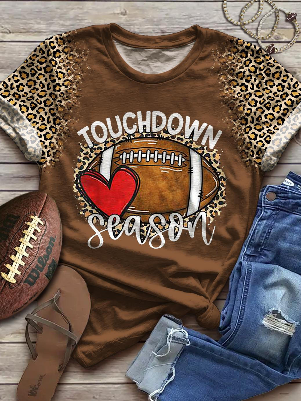 Women's Football Game Day Leopard Print Crew Neck T-shirt