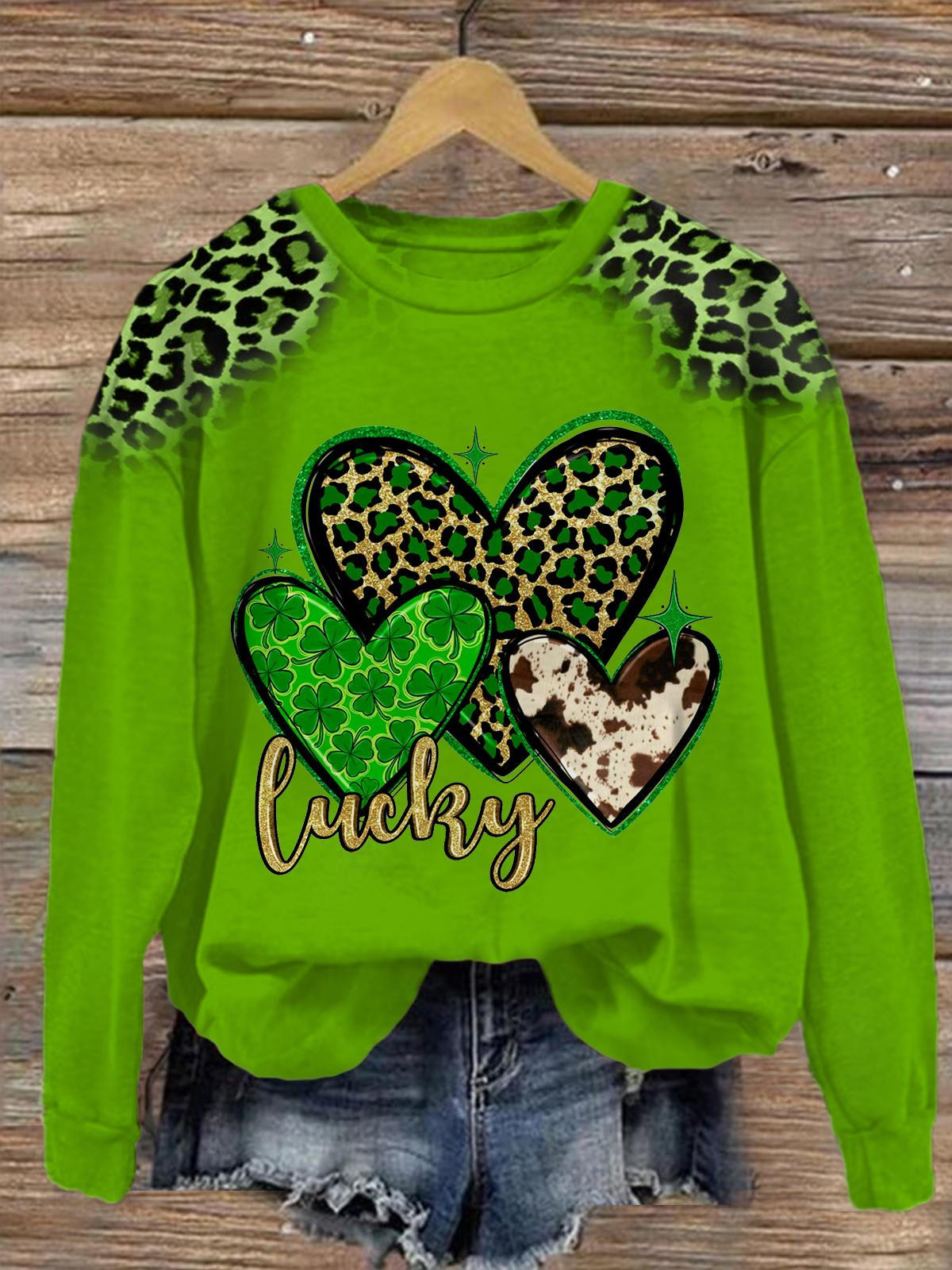 Lucky St. Patrick's Hearts Printed Long Sleeve Casual Top