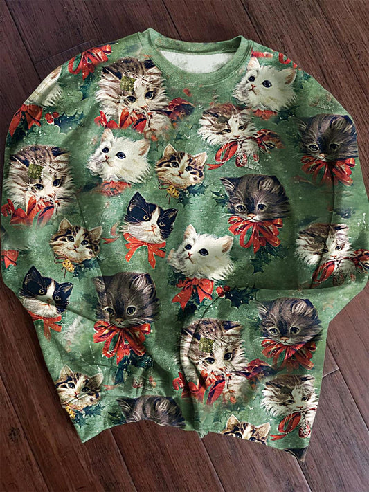 Women's Retro Cat Christmas Printed Long Sleeve Casual Top