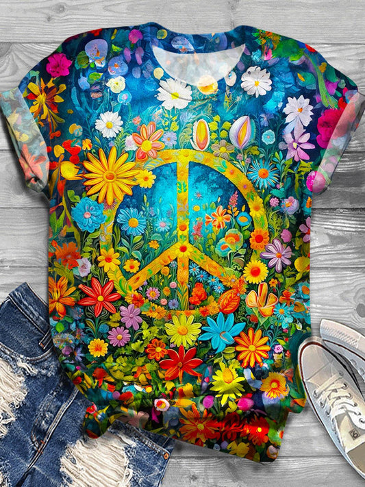 Floral Hippie Print Crew Neck T-shirt