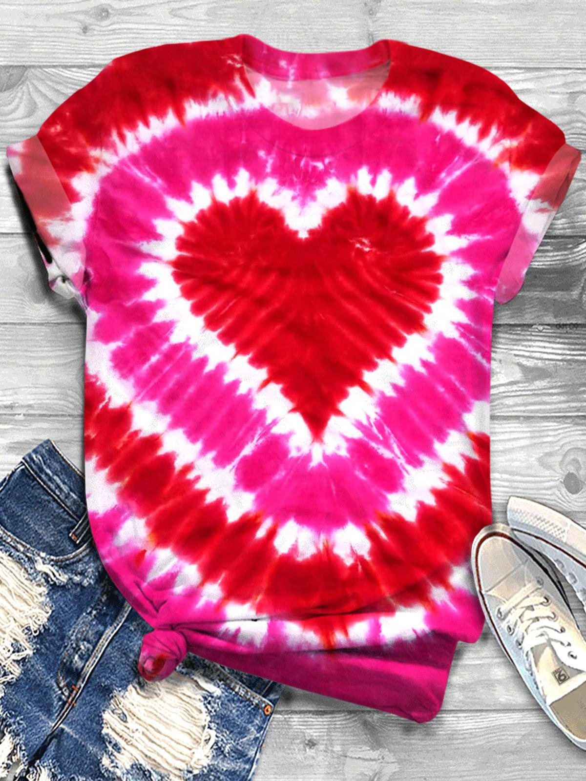 Red And Pink Heart Tie Dye Crew Neck T-shirt