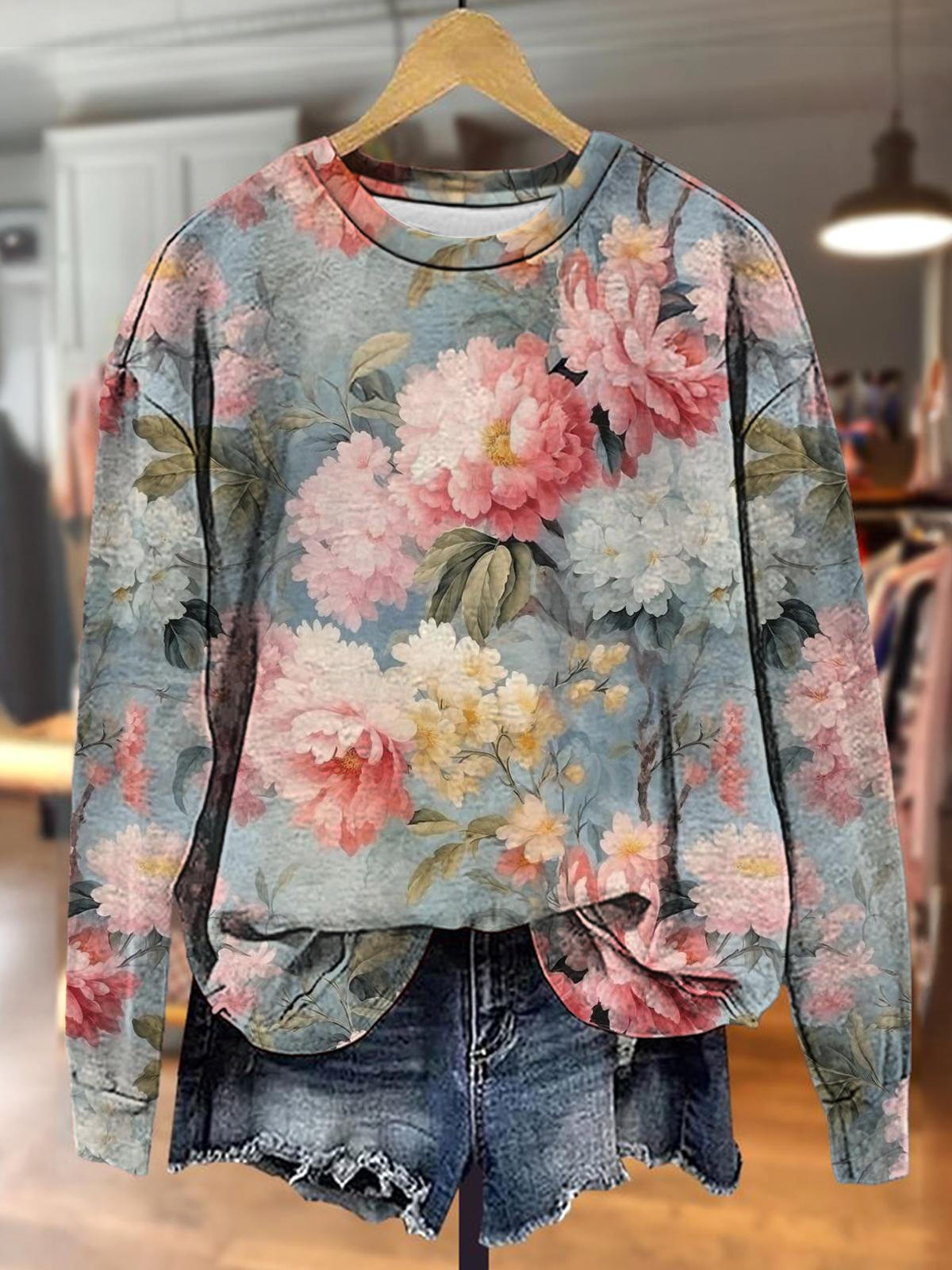 Women's Flowers Plants Pink Retro Printed Long Sleeve Casual Top