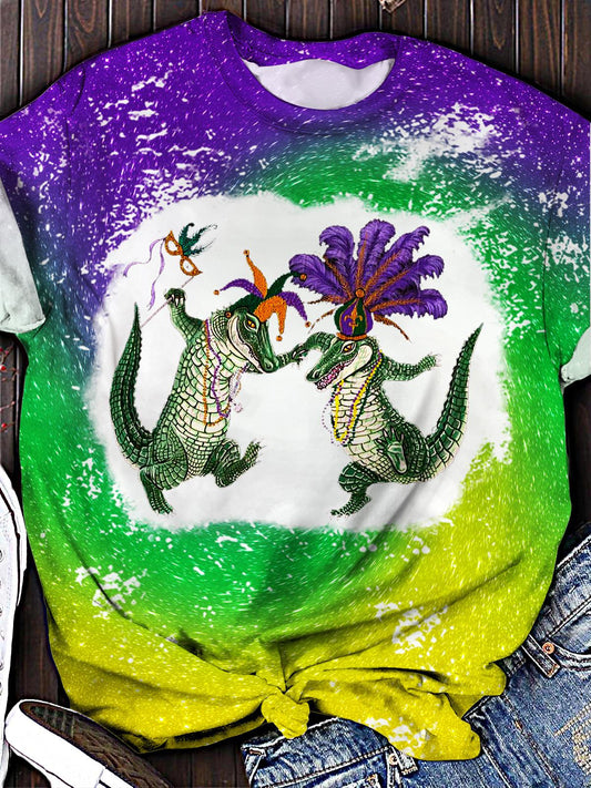 Retro Colorful Mardi Gras Crocodile Print Crew Neck T-shirt