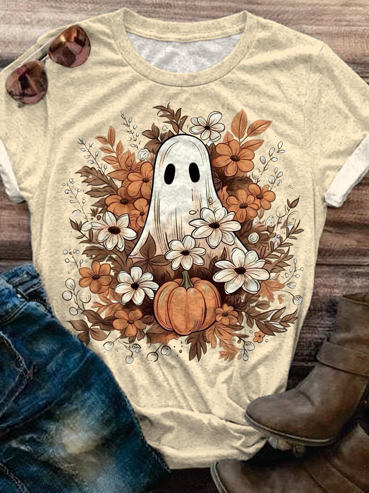 Spooky Ghost Fall Leaves Crew Neck T-shirt