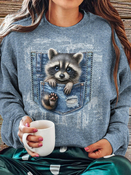 Women's Autumn Faux Denim Pocket Raccoon Crew Neck Casual Sweatshirt