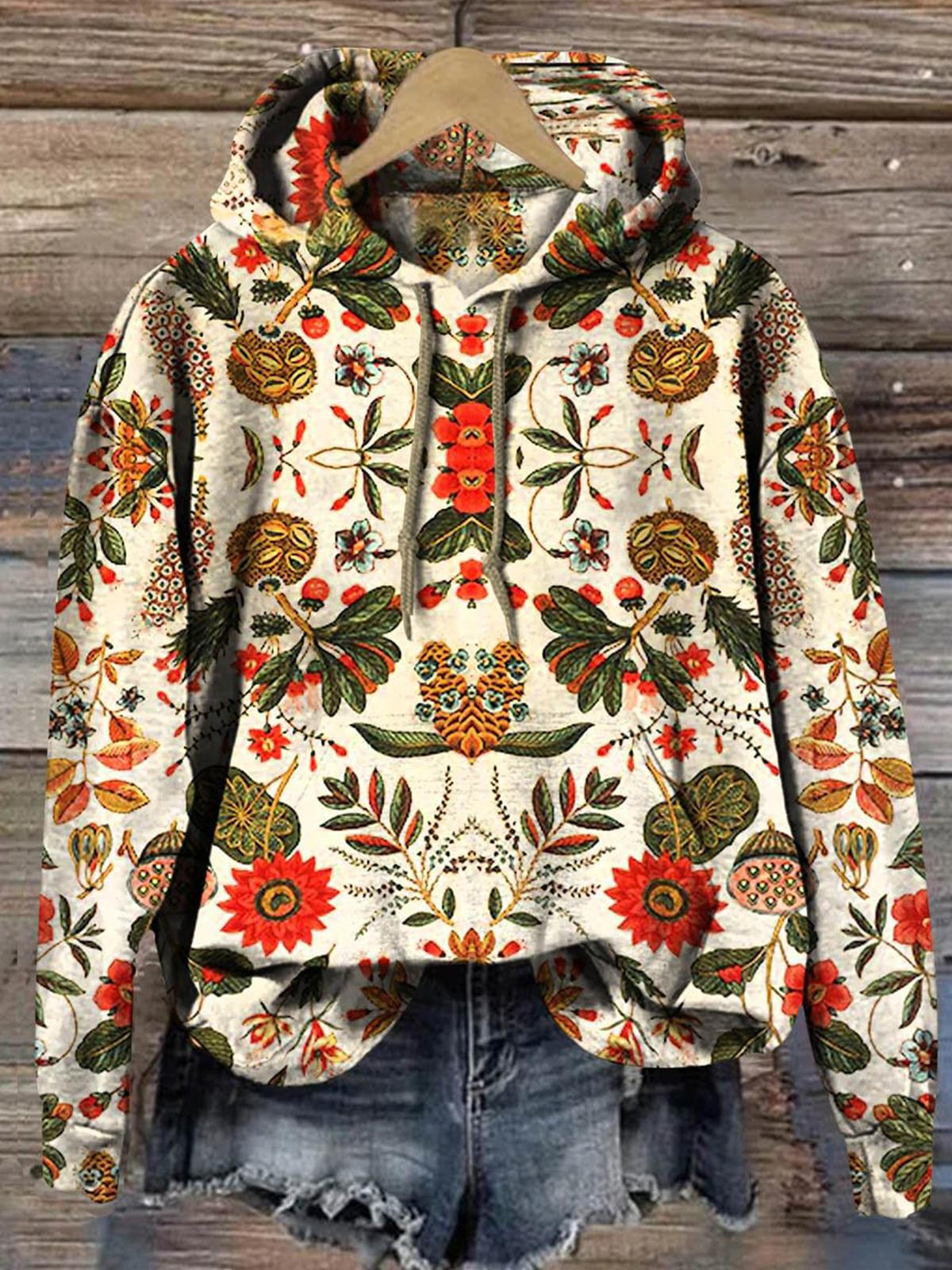 Vintage Flower Long Sleeve Printed Hoodie