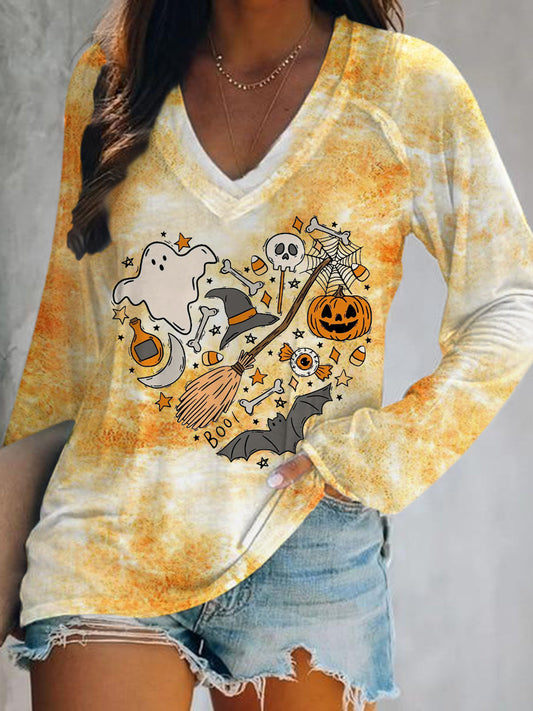 Halloween Doodles Hearth Print V-Neck Long Sleeve Top