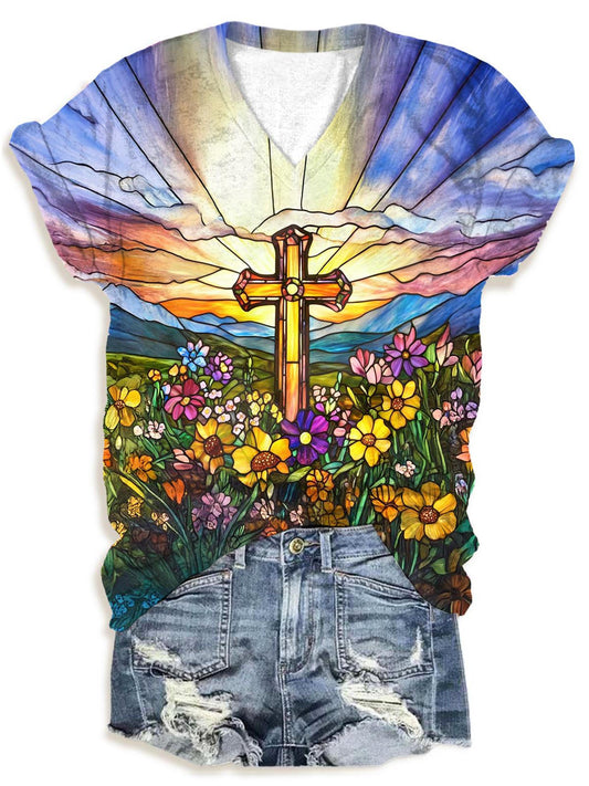 Women's Christian Cross V-Neck T-Shirt