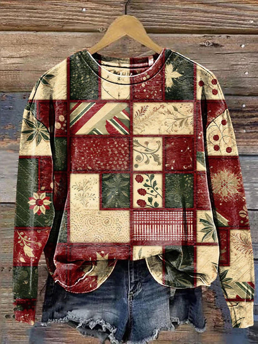 Retro Pattern Collage Printed Long Sleeve Casual Top