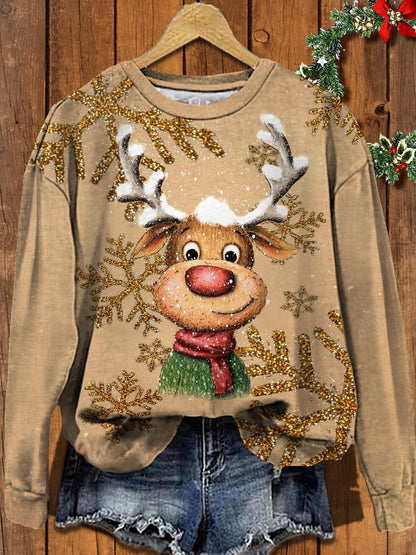 Women's Christmas Reindeer Snowflake Print Round Neck Long Sleeve Top