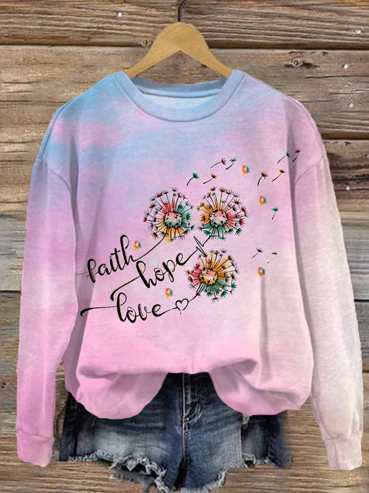 Dandelion Faith Hope Love Printed Long Sleeve Casual Top