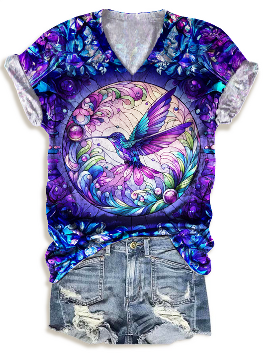 Dreamy Stained Glass Hummingbird V-neck T-Shirt
