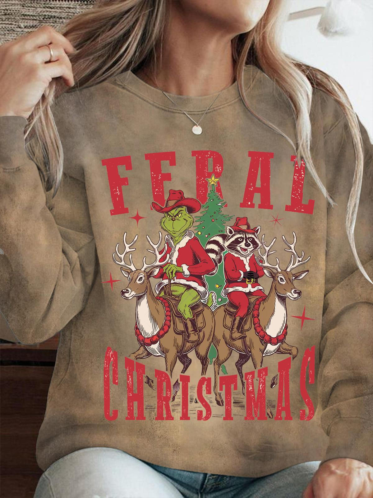 Feral Christmas Printed Long Sleeve Casual Top