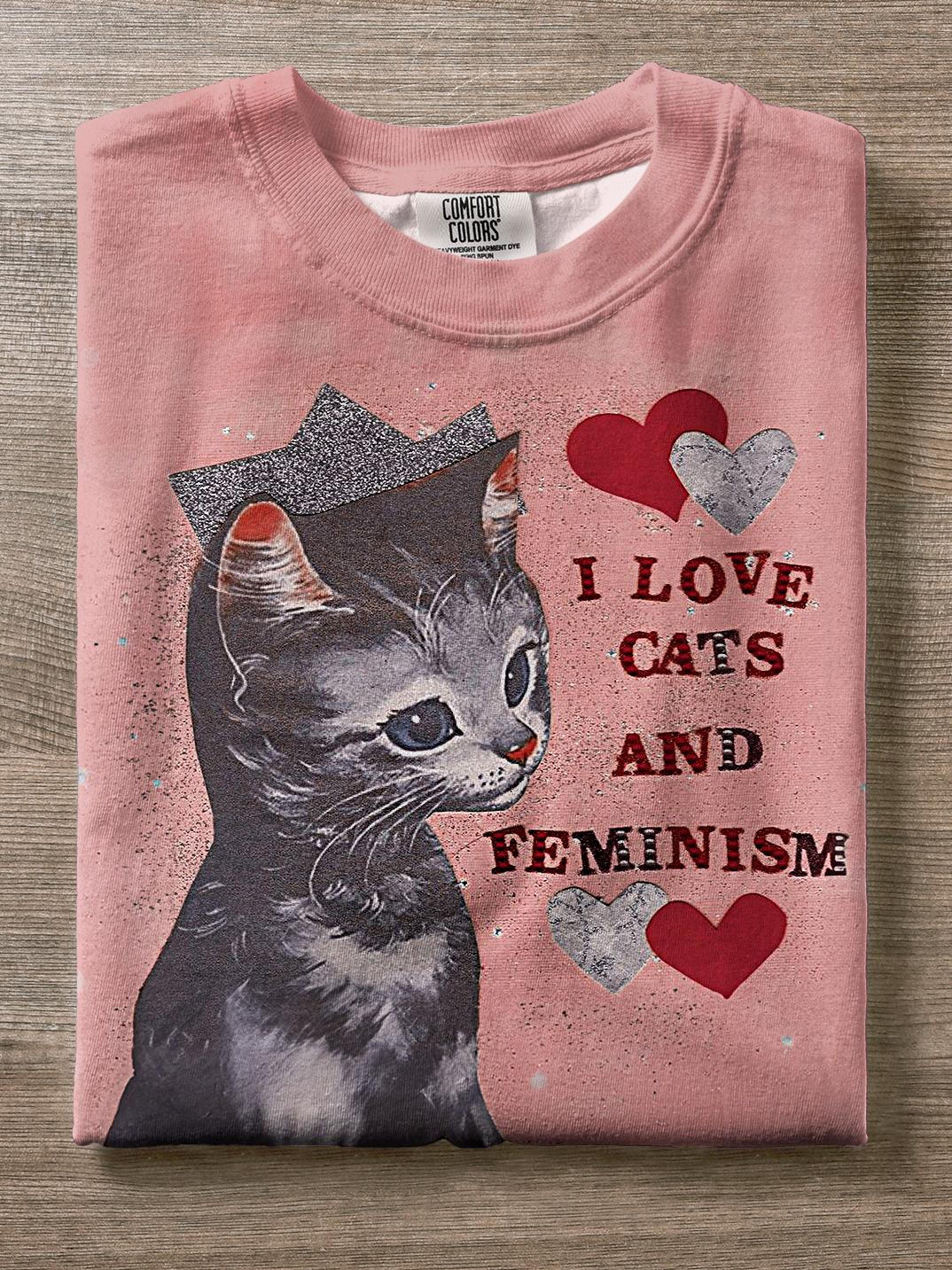 I Love My Cats And Feminism Crew Neck T-shirt