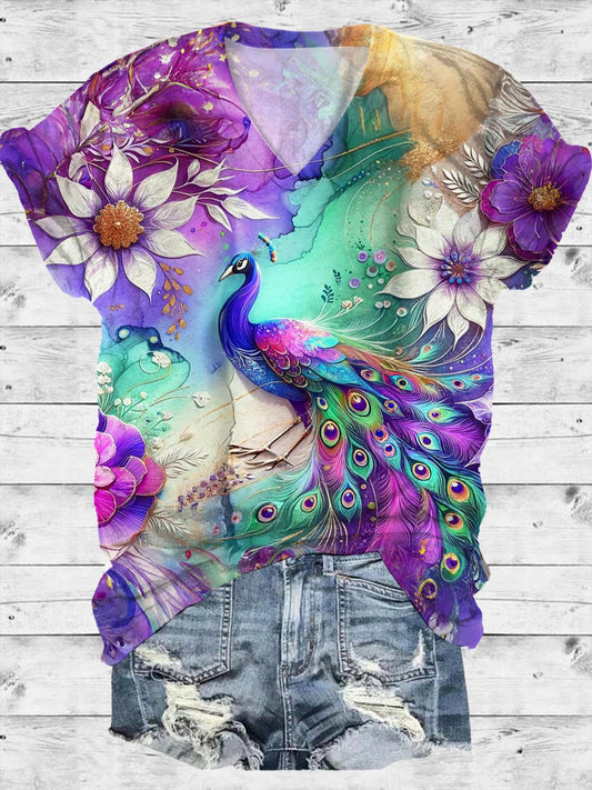 Purple Floral Peacock V-Neck T-Shirt