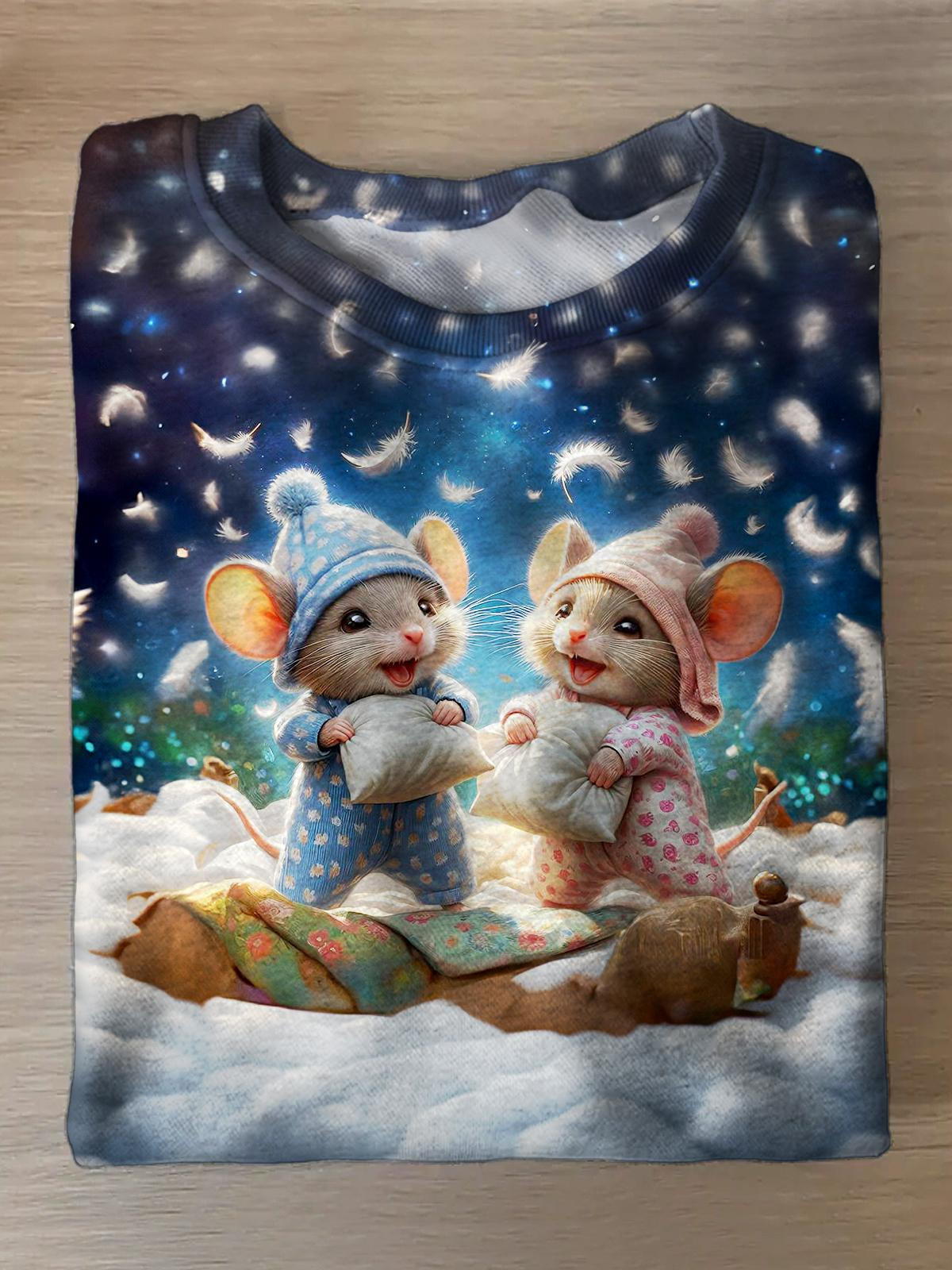 Women's Winter Christmas Pajamas Little Mouse Printed Long Sleeve Casual Top