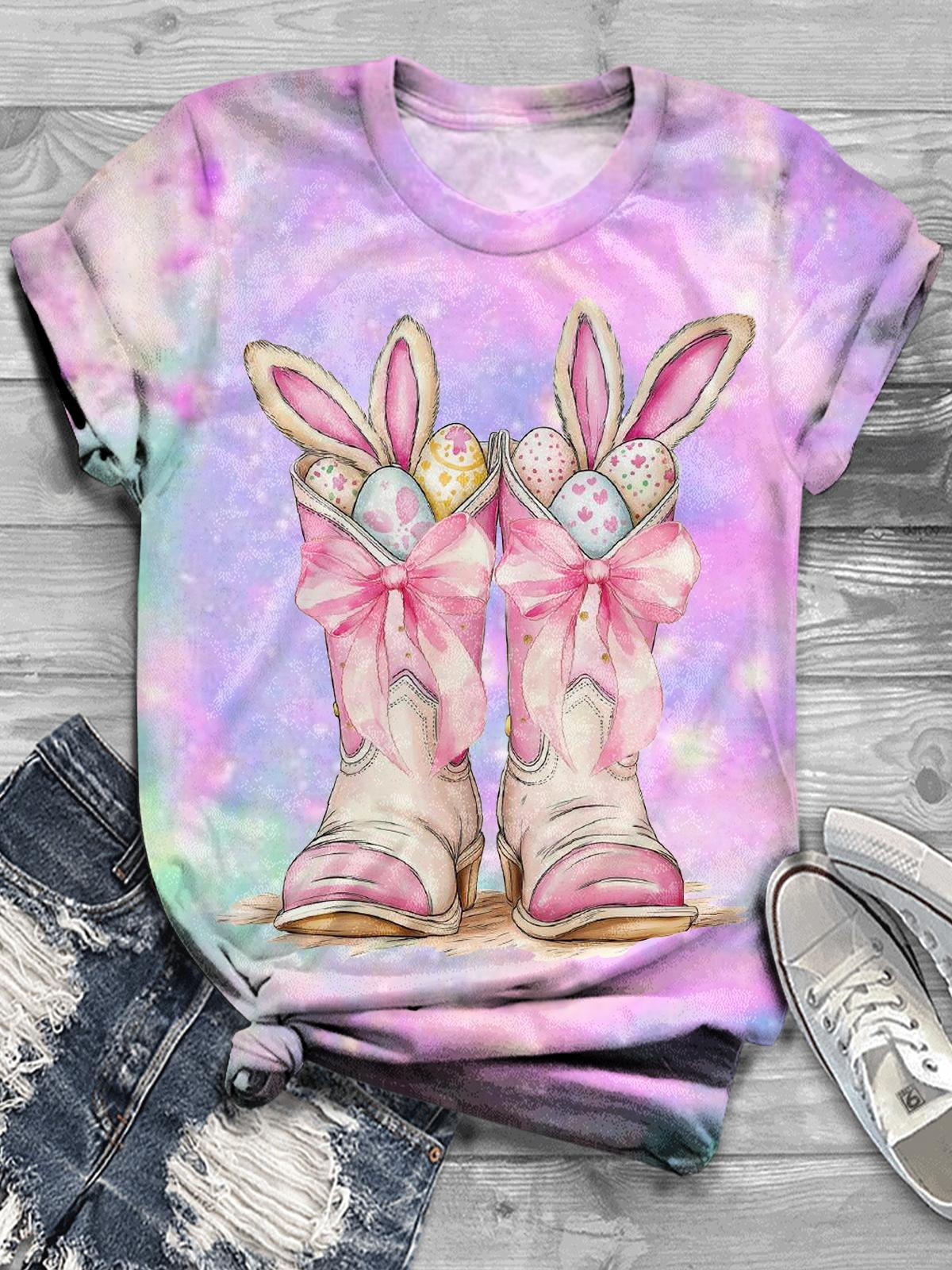 Happy Easter Day Cute Bunny Boots Tie Dye Print Casual T-Shirt