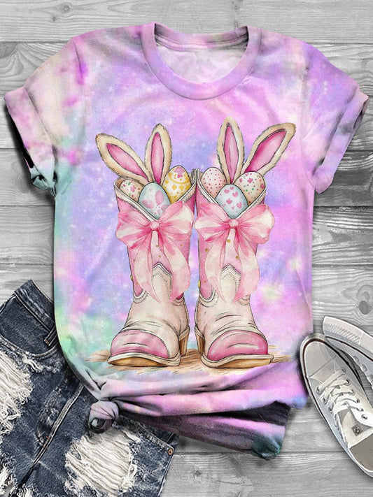 Happy Easter Day Cute Bunny Boots Tie Dye Print Casual T-Shirt