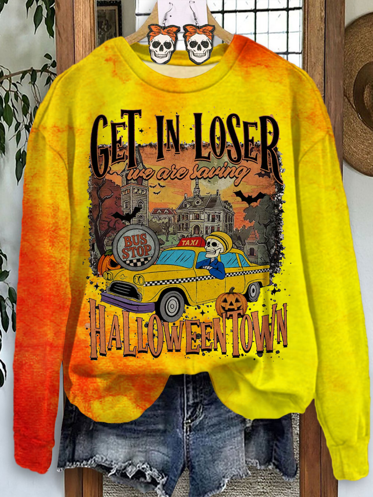 Get In Loser Halloween Printed Long Sleeve Casual Top