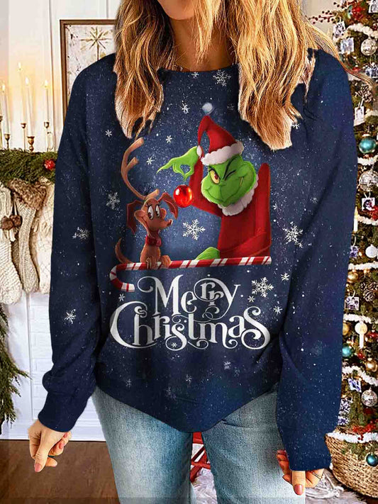 Blue Merry Christmas Printed Long Sleeve Casual Top