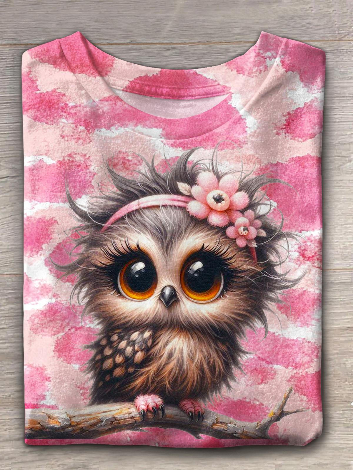 Women's Valentine's Day Cute Owl Print V-Neck T-Shirt