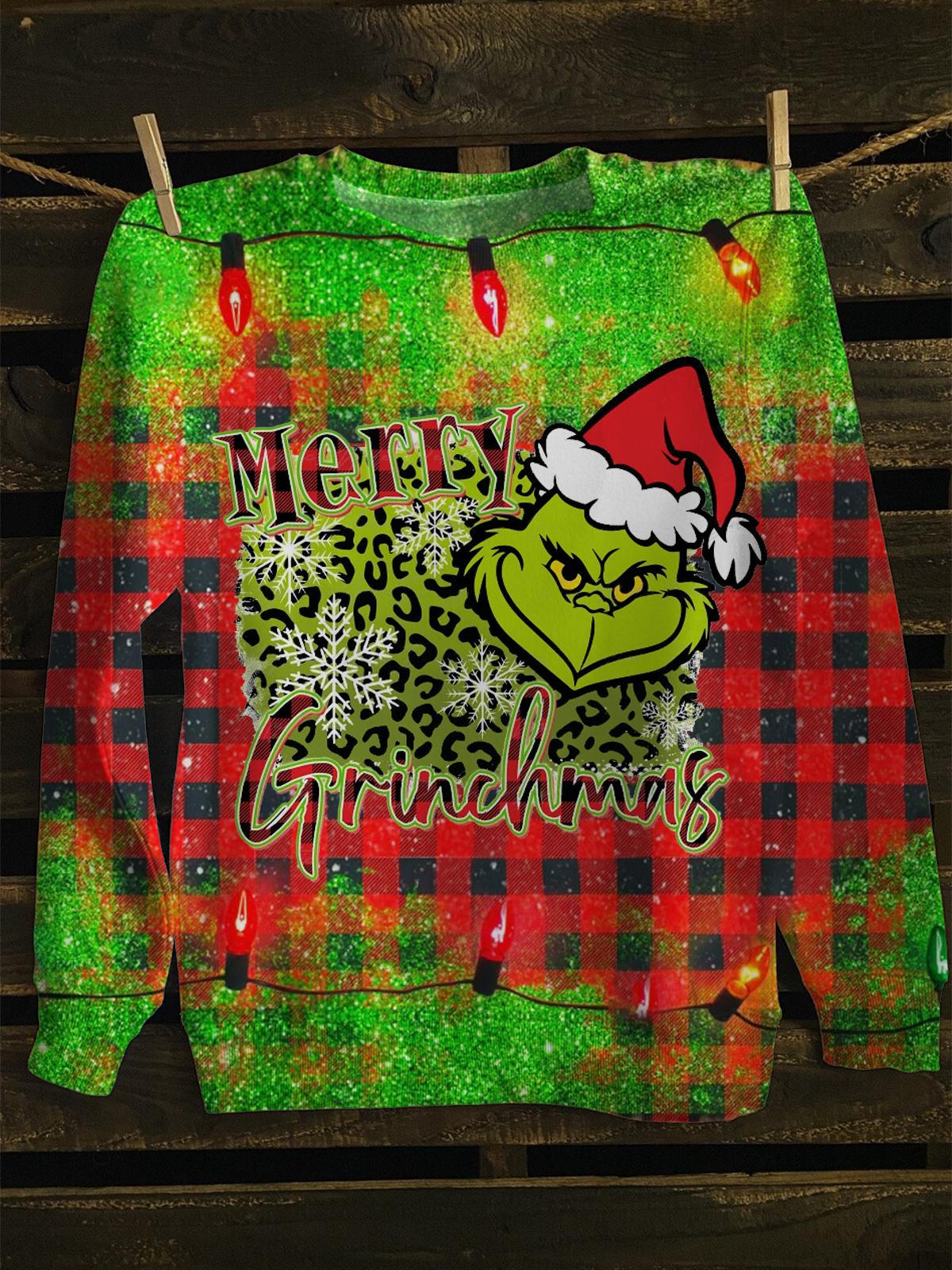 Christmas Green Monster On Red Plaid Printed Long Sleeve Casual Top