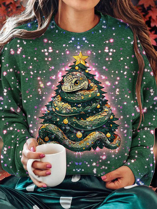 Women's New Year Snake Christmas Tree Print Round Neck Long Sleeve Top