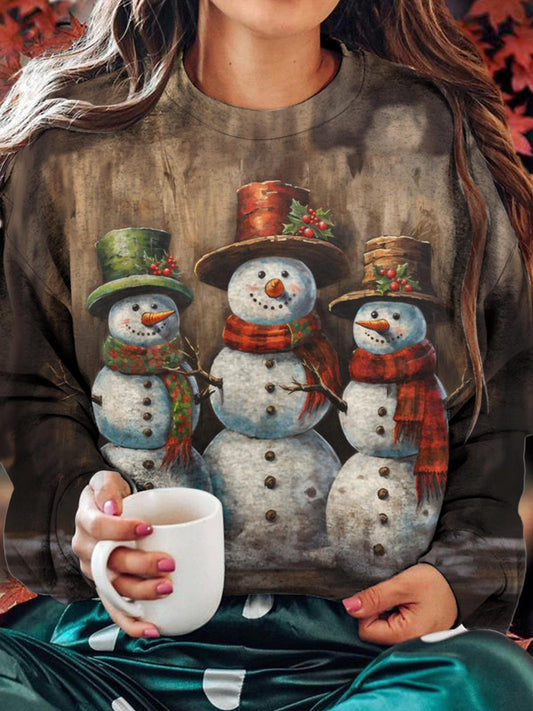 Women's Three Snowmen At Christmas Round Neck Long Sleeve Top