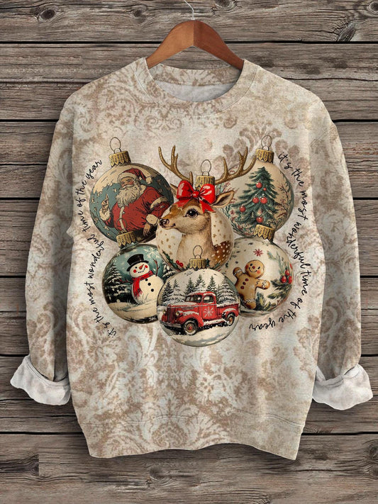 Merry Christmas Elk Gift Character Glass Ball Retro Print Long Sleeve Top